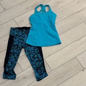 Lululemon Athletica Blue Tank and Patterned capri Leggings sz 4 top small lined